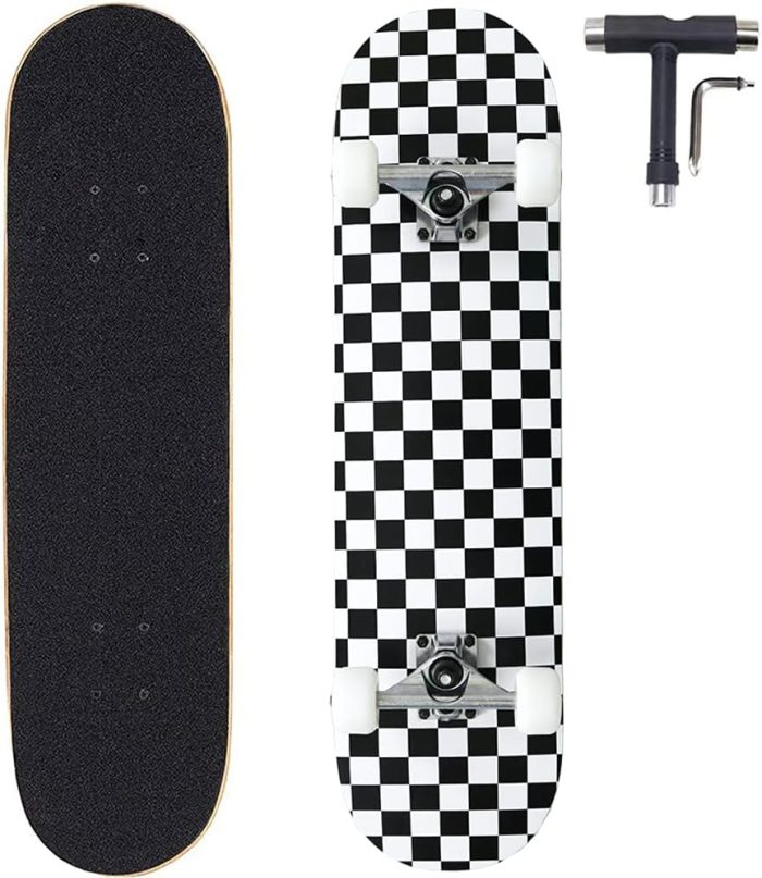 31x8 Inch Pro Skateboard Complete,7 Layer Canadian Maple Wood Double Kick Concave Skate Boards, Tricks for Youths,Beginners,Girls,Boys,Kids,Teens,Adults (Black, White) - Image 1