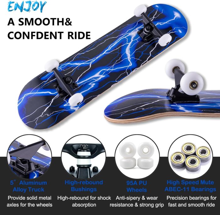 Skateboard,31 x 8 Inch Complete Skateboard, 8-Layer Maple Wood Deck Double Kick Standard for Kids, Teens, Adult, Beginner - Image 2